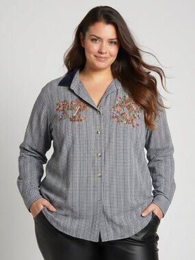 Studio Collection Vintage Autumn Motifs Embroidered Checks Button Down Shirt Top